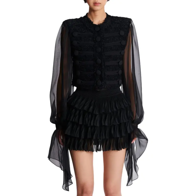 BALMAIN Chiffon sleeve Tweed Jacket-2