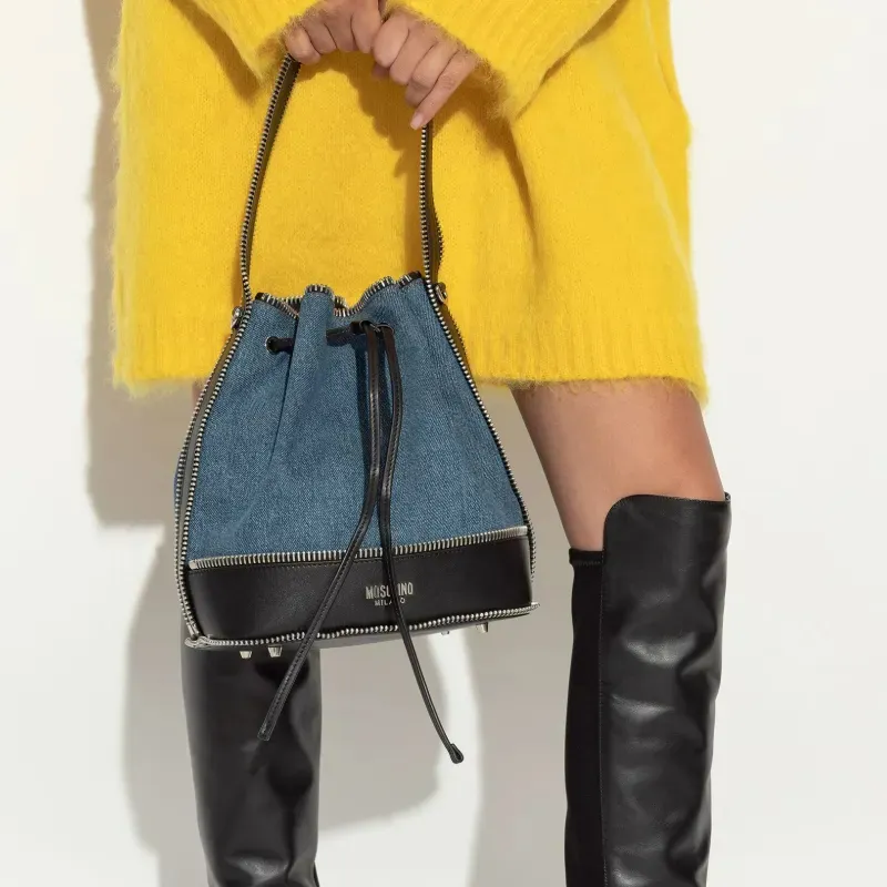 MOSCHINO Zip-Detailed Drawstring Denim Bucket Bag-5