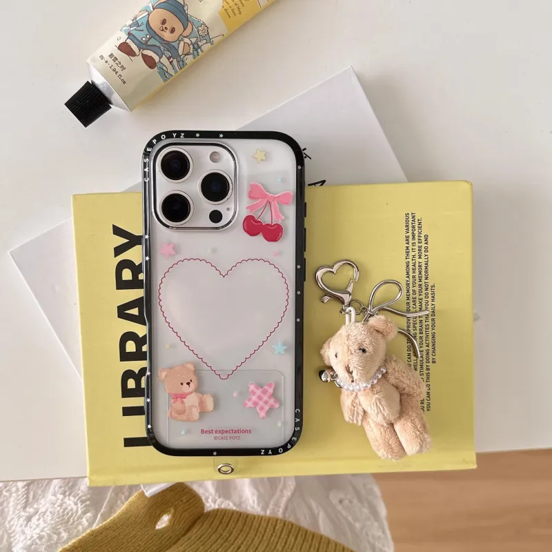Wei Xin Acrylic Material Cherry Heart Bear Pendant Phone Cases Compatible With IPhone 16/15 Pro Max/Apple 13/14 Pro/Max-5