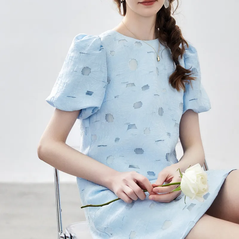 NAWAIN Short Sleeved Dresses Women's Blue Floral Embroidered-1