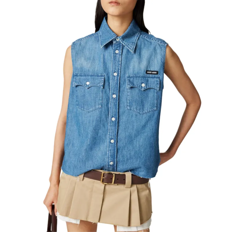 MIU MIU Sleeveless Button Up Denim Shirt-1