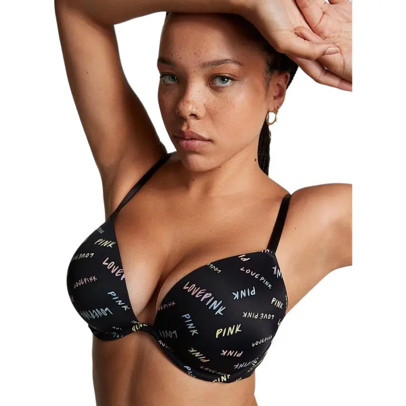 Victoria's Secret PINK Girlish Bra Women's Black Sole Multicolor Letter Print-1