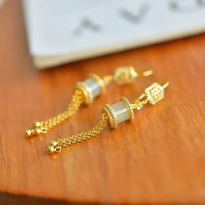 Grace Hetian Jade Earrings Pale Greenish White Jade Women's-4