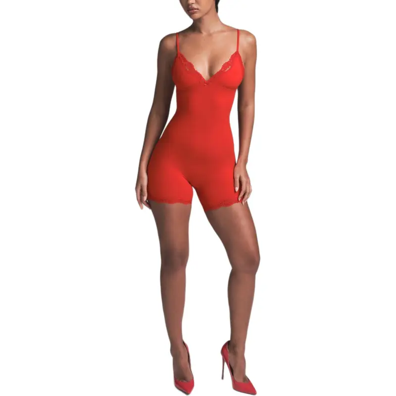 SKIMS Valentine's Day Collection SS25 FITS EVERYBODY LACE TRIANGLE ONESIE Jumpsuit Women's CAYENNE/Cayenne-1