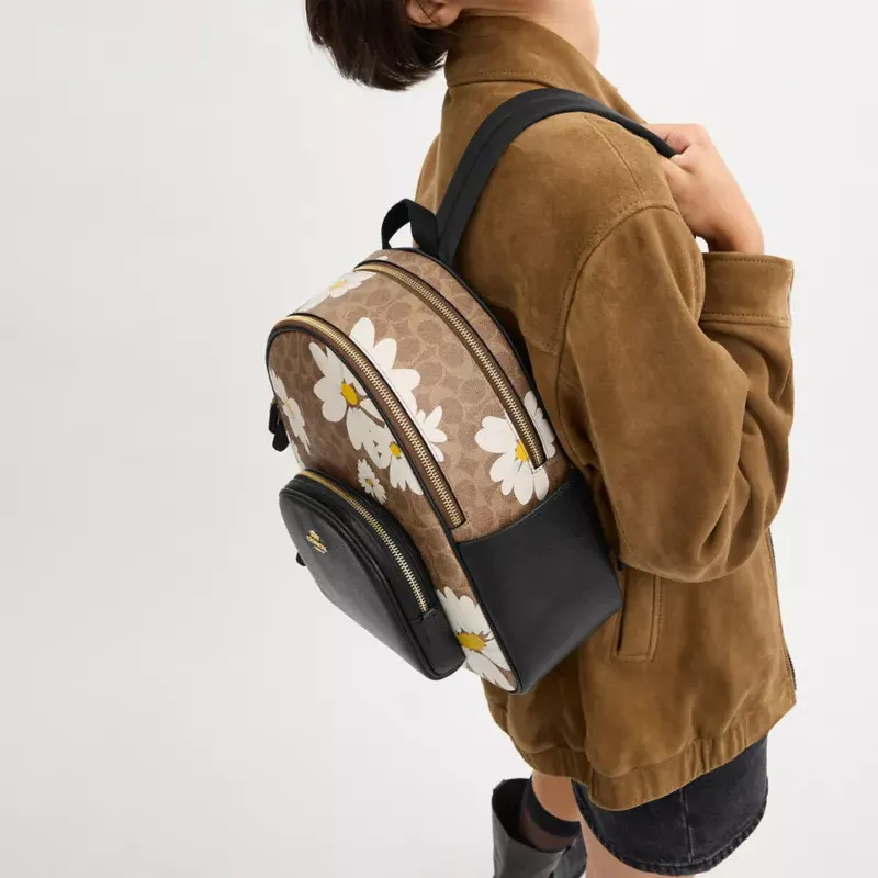 COACH Court Canvas Backpack Large Size Women's Gold & Brown Umber-3