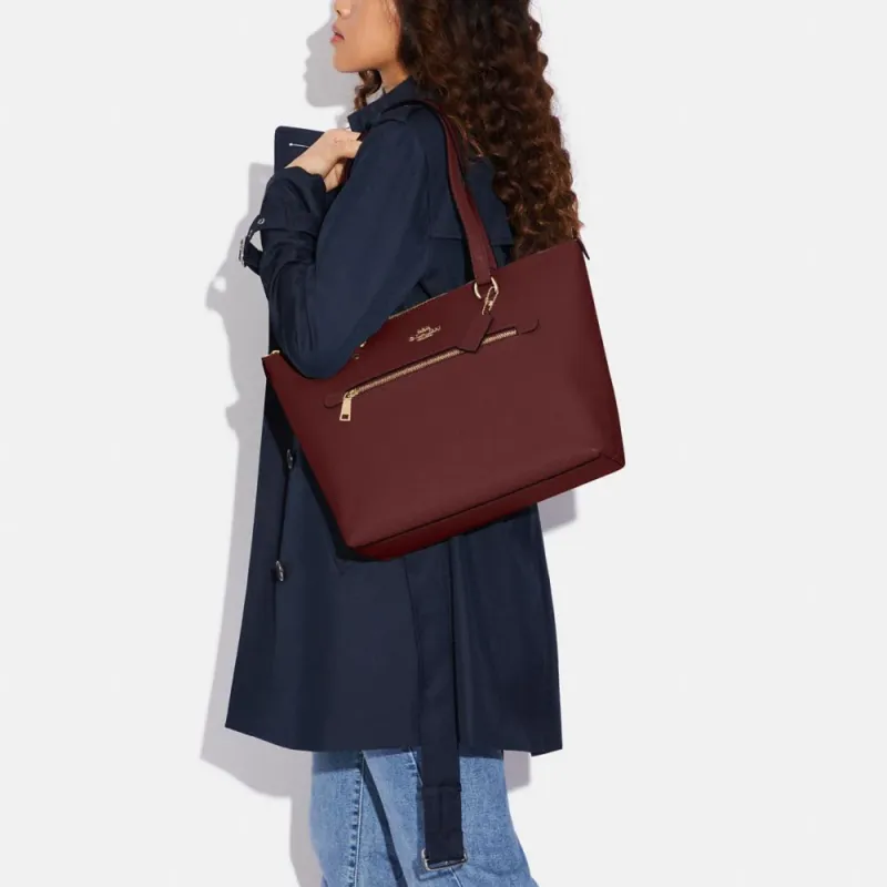 COACH Gallery Cross Grain Leather Tote Bag, Shopping Bag, Shoulder Bag, Handbag Tubas Women's Cherry Red-4