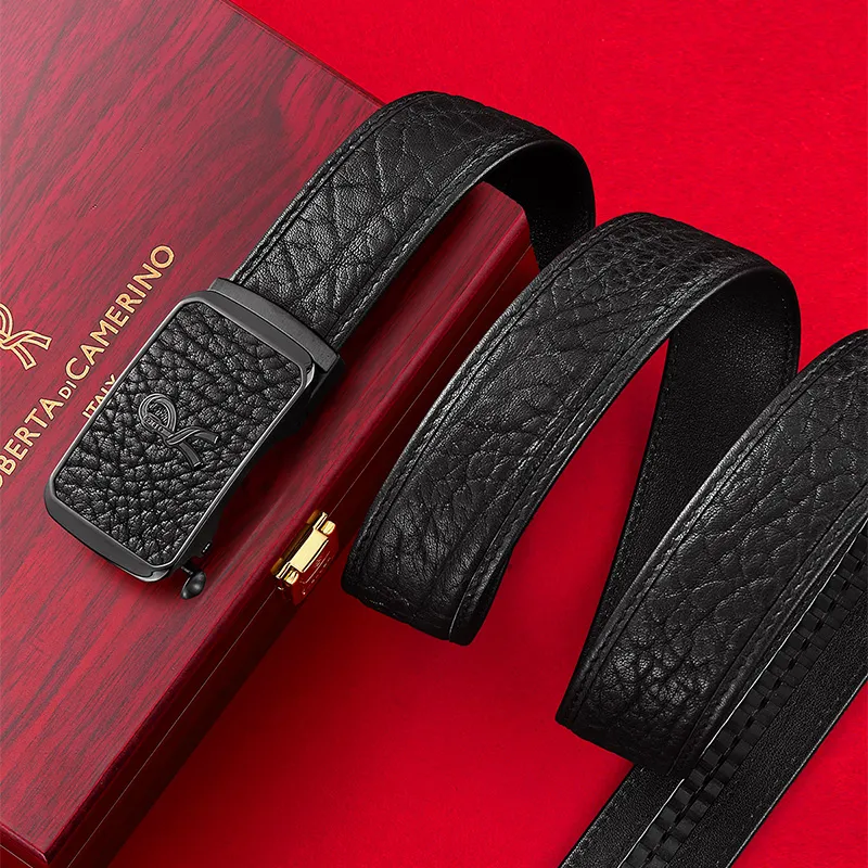 ROBERTA DI CAMERINO Bison Leather Belts Men's Black 3.45CM Writing A Greeting Card And Printing Photos-3