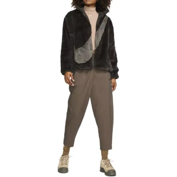 Nike Women's Faux Fur Swoosh Jacket Velvet Brown/Cave Stone-2