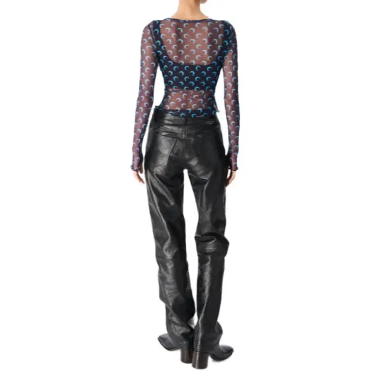 Marine Serre Moon Printed Mesh Second Skin Cropped Top 'Navy'-3