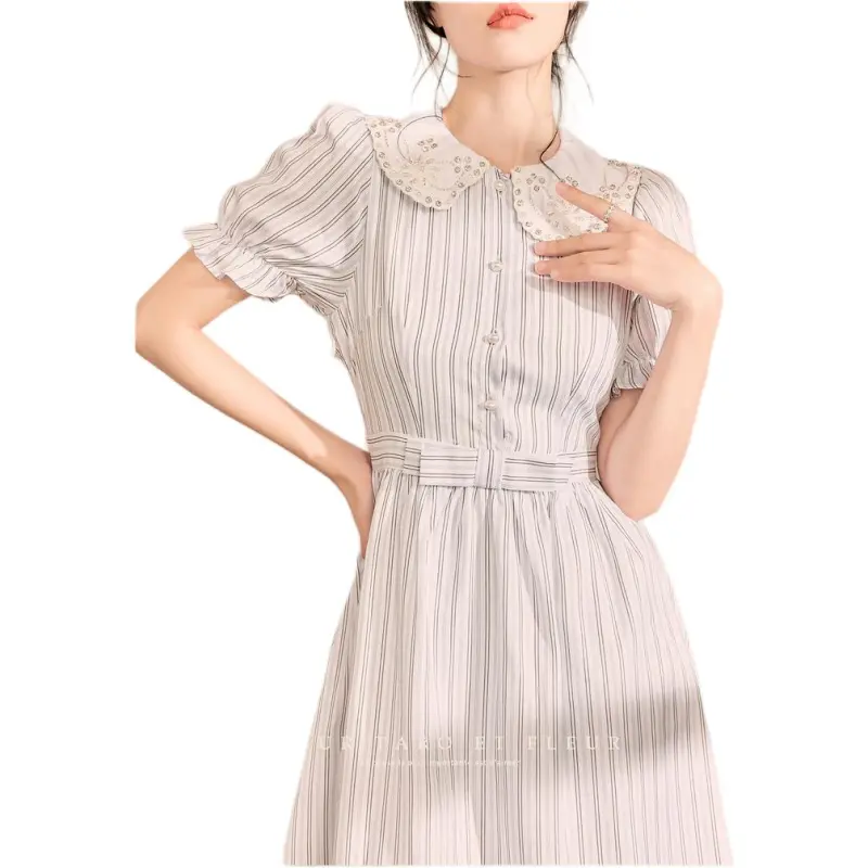 QIAOYUHUAZUN Short Sleeved Dresses Women's Blue White Stripes-4