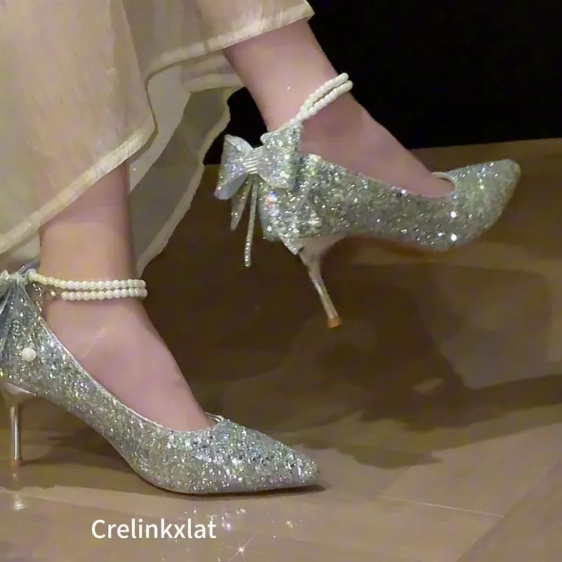 Crelinkxlat French Fairy Soft Princess Crystal Unlined Shoes Slim Heel High Heels Women's-4