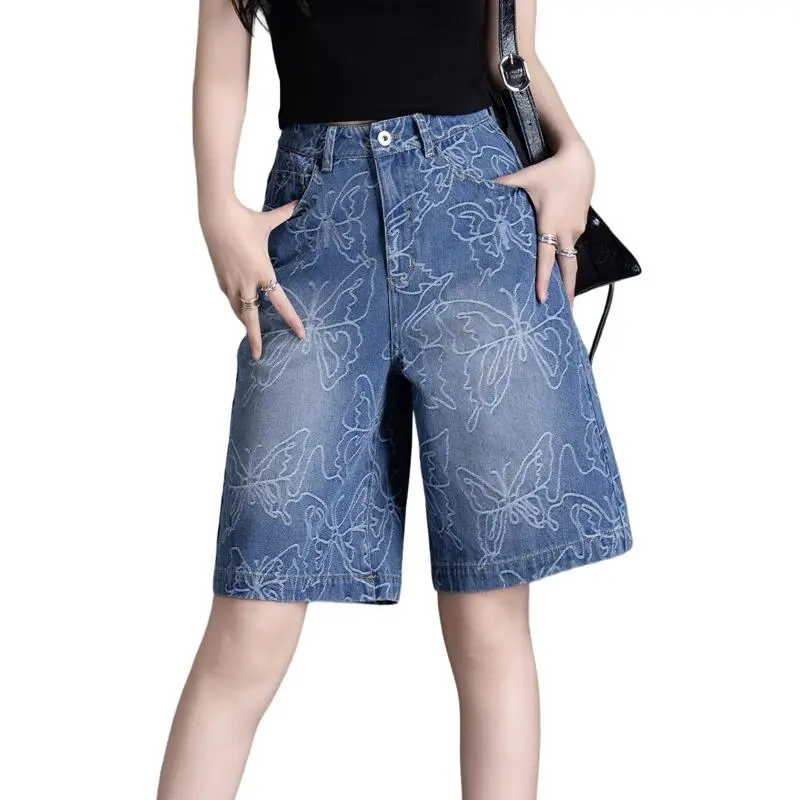 You Cow Me Pants Denim Shorts Women's Deep Sea Blue Jacquard-4