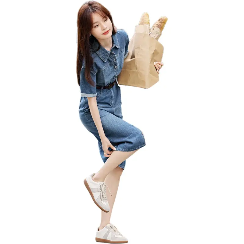 Mo Han Yi Mei Short Sleeved Dress Women's Denim Blue-2