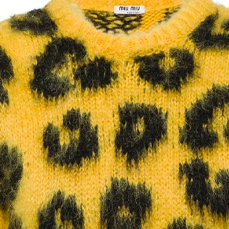 MIU MIU Women's Leopard Knit Cropped Wool Sweater Yellow-6