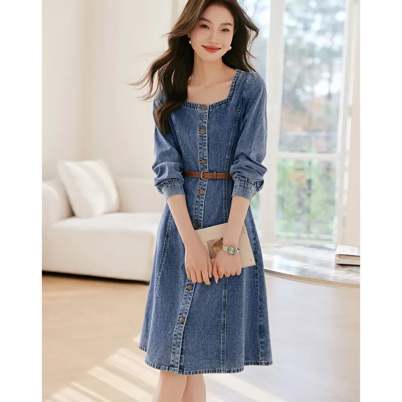 Mo Han Yi Mei Long Sleeved Dress Women's Denim Blue-5