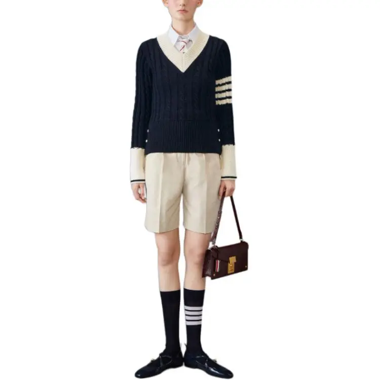 THOM BROWNE 4 Bar Stripe Detailed V Neck Knitted Jumper-3