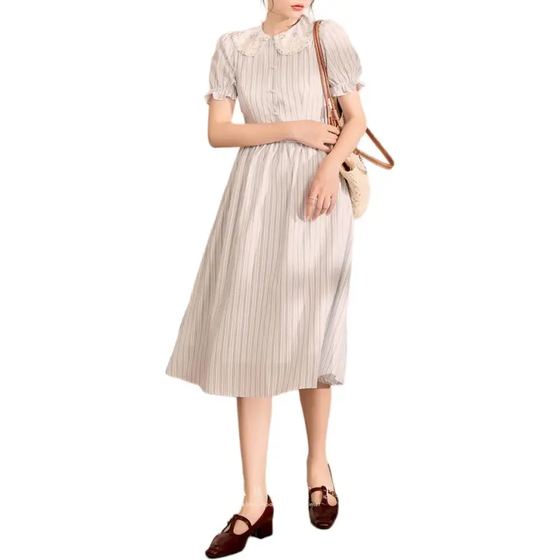 QIAOYUHUAZUN Short Sleeved Dresses Women's Blue White Stripes-5