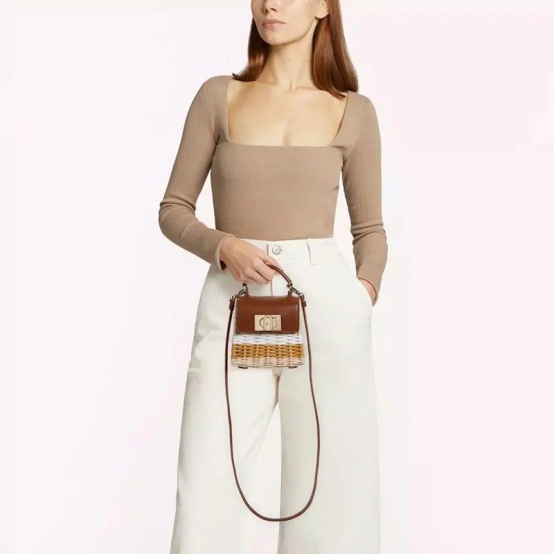 Furla Leather Rattan Handbag Mini Women's Brown-4