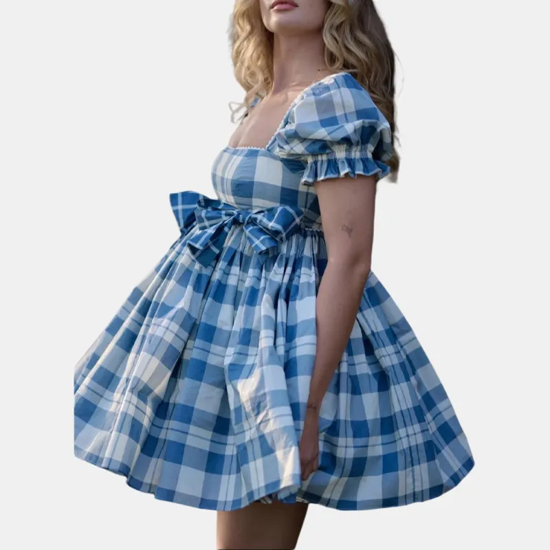 Selkie Collection FW24 Short-Sleeved Dresses Women's Navy Blue Bottom White Plaid Tea Towel Print-3