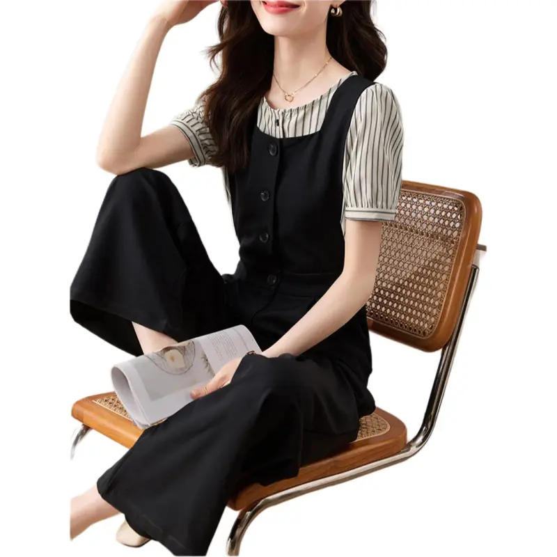 Mo Han Yi Mei Casual Suit Women's 2 Piece Set Black Stripes-2