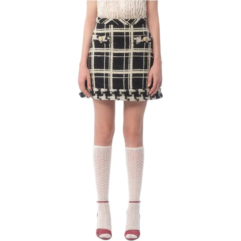 Valentino Checked Mid Rise Tweed Skirt-1