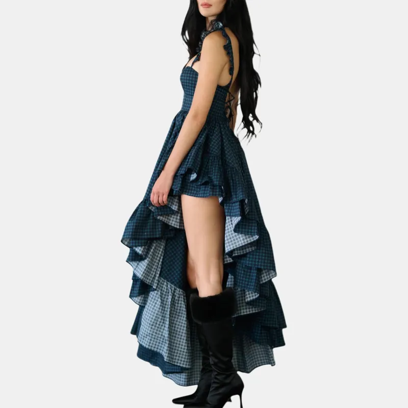 Selkie Collection FW24 Slip Dress Women's Navy Blue Base Checkerboard Pattern Print-2