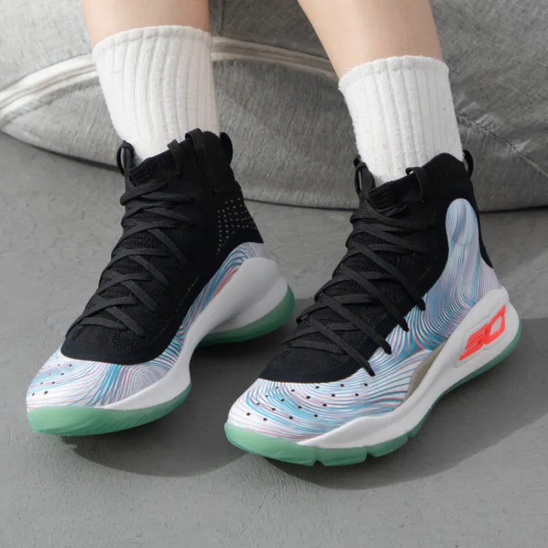 Under Armour Curry 4 Curry 4 Abrasion Resistant High Top Children's Basketball Shoes Black White Unisex-1