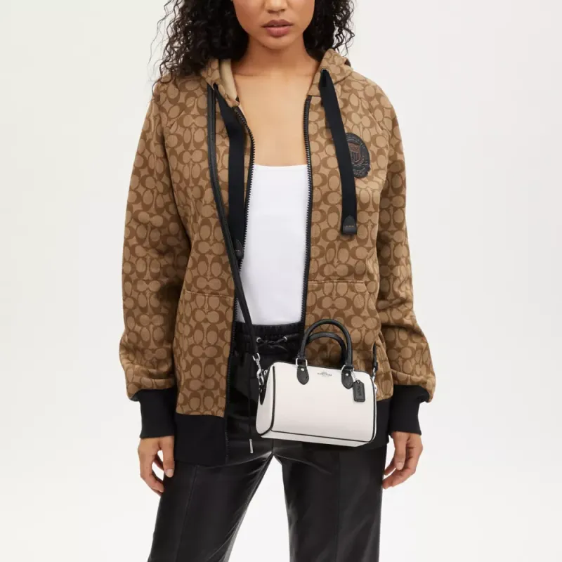 COACH Cross-Stitch Leather Boston Bag Handbag Shoulder Bag Crossbody Bag Mini Women's Chalk White With Black-3