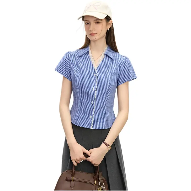 Flowers in water Shirts Women's Blue White Plaid-1