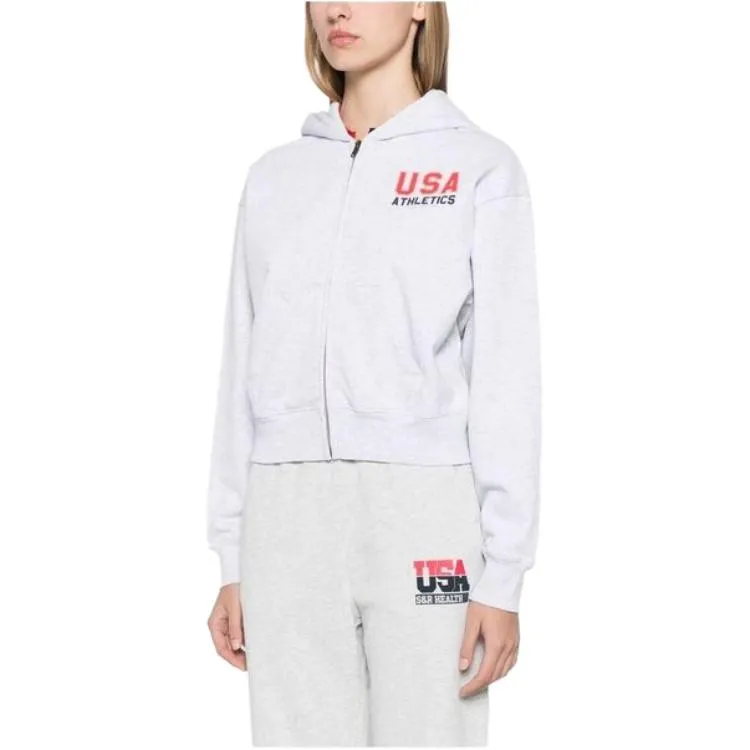 SPORTY & RICH Usa Athletics Cropped Zip Hoodie 'Heather Grey/Sports Red/Navy'-1
