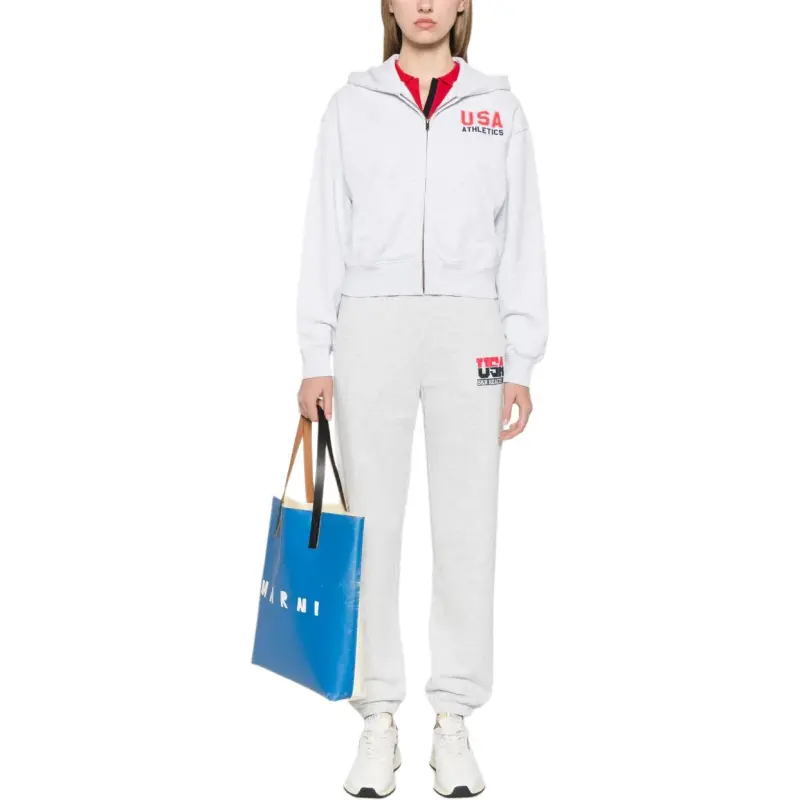 SPORTY & RICH Usa Athletics Cropped Zip Hoodie 'Heather Grey/Sports Red/Navy'-2
