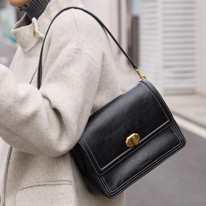 Simedin Cow Leather Crossbody Bag, Shoulder Bag, Small Square Bag Regular Women's Deep Black/Coffee-2