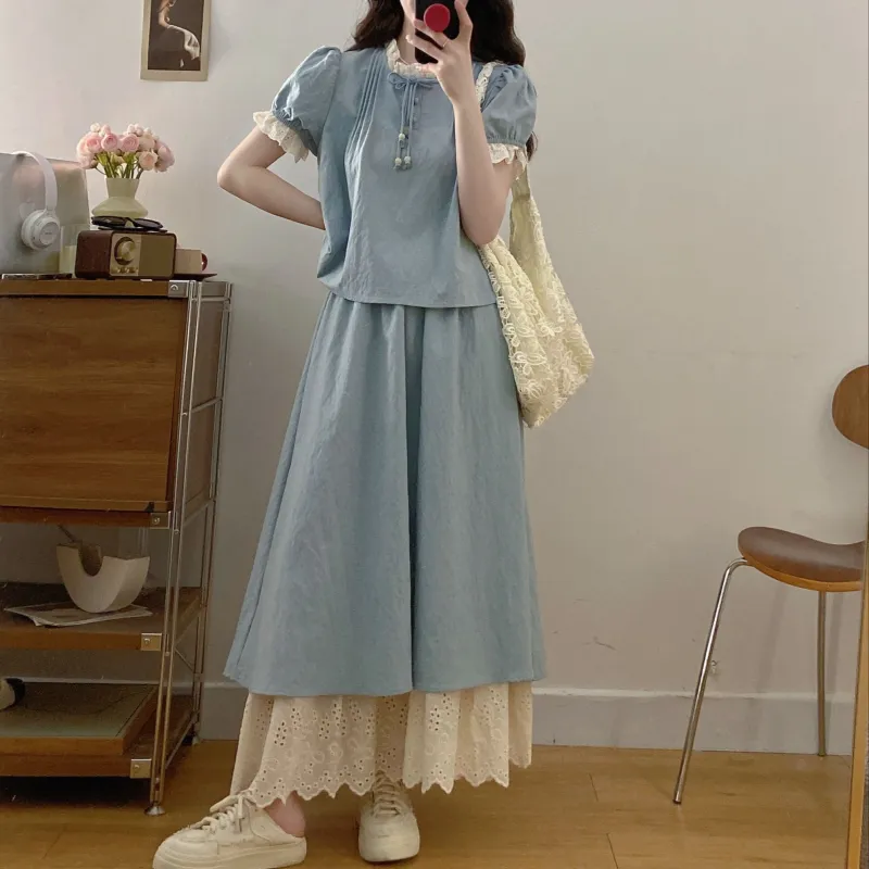 GULIANFEI Skirt Set Women's Light Blue-4