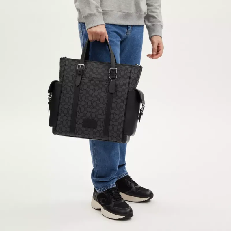 COACH Sprint Iconic Jacquard Shoulder Bag, Crossbody Bag, Handbag Tubas Men's Silver & Charcoal Gray & Black-5