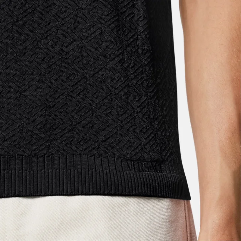 VERSACE La Greca Pointelle knit Polo Shirt-4