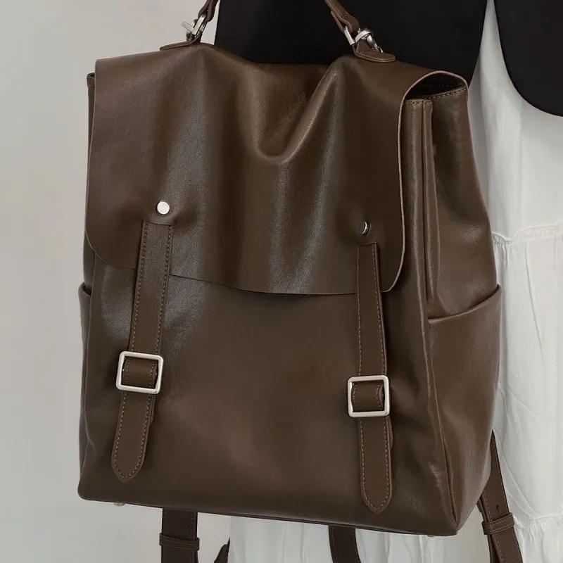 JPJ Top Grain Vegetable Tanned Cow Leather Handbag, Backpack Large Size Women's Chocolate-4