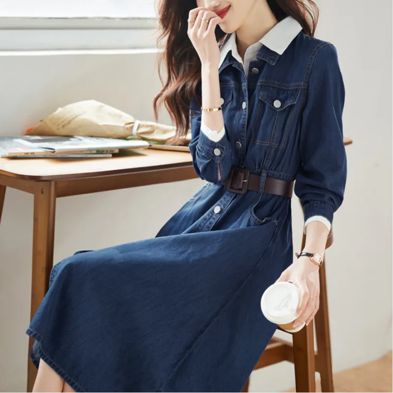 Mo Han Yi Mei Long Sleeved Dress Women's Denim Blue-3