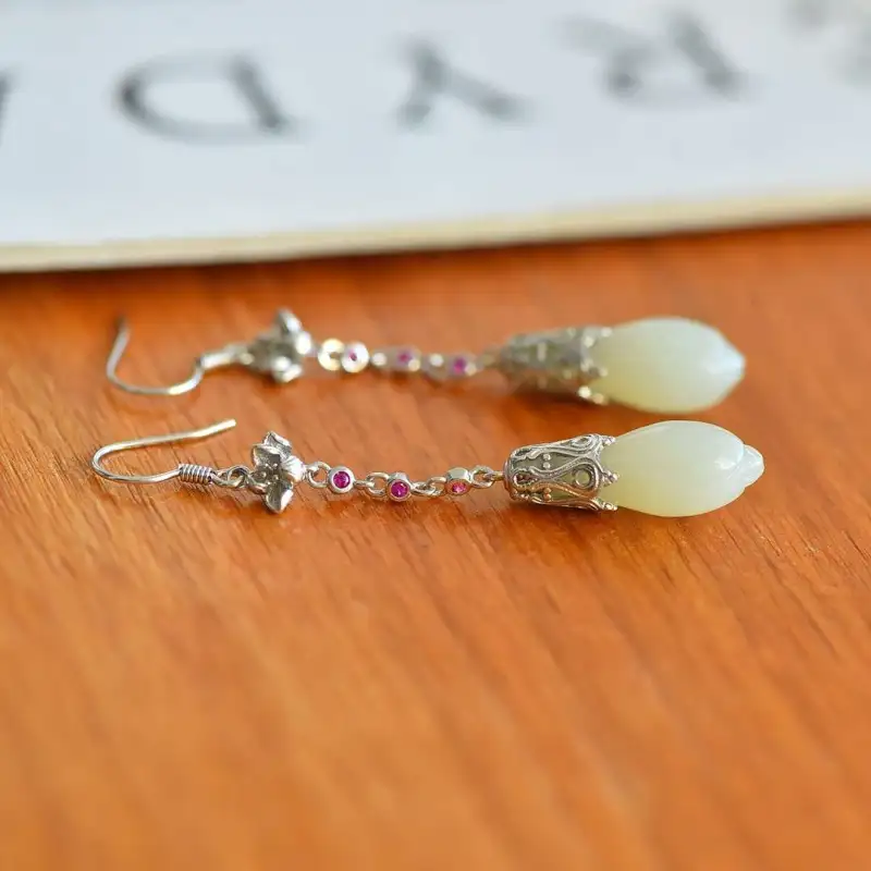 Grace Hetian Jade Earrings Pale Greenish White Jade Women's-2