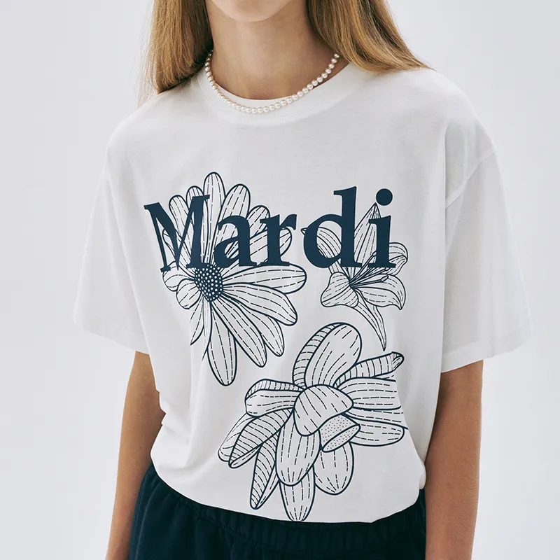 MARDI MERCREDI Three Flowers Collection SS25 T-Shirt Women's Ivory Navy Blue Korean Style-5
