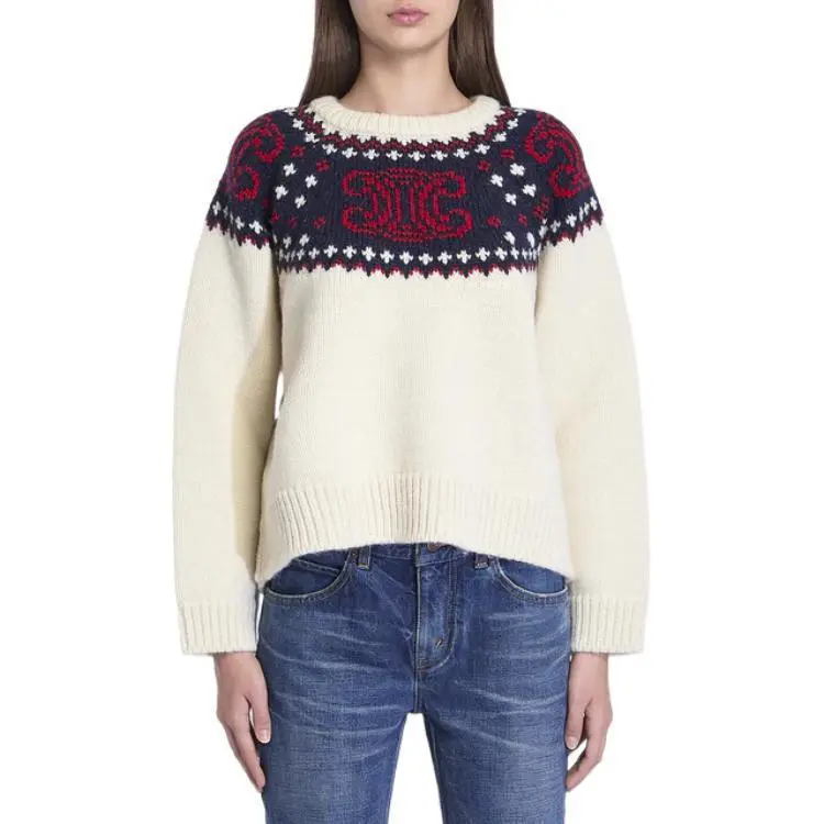 CELINE Embroidered Crew Neck Sweater In Fair Isle Wool-2