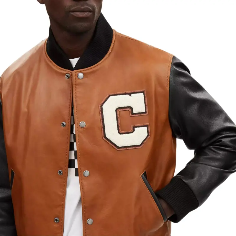 COACH Leather Varsity Jacket Jackets Coats Men's Brown-3