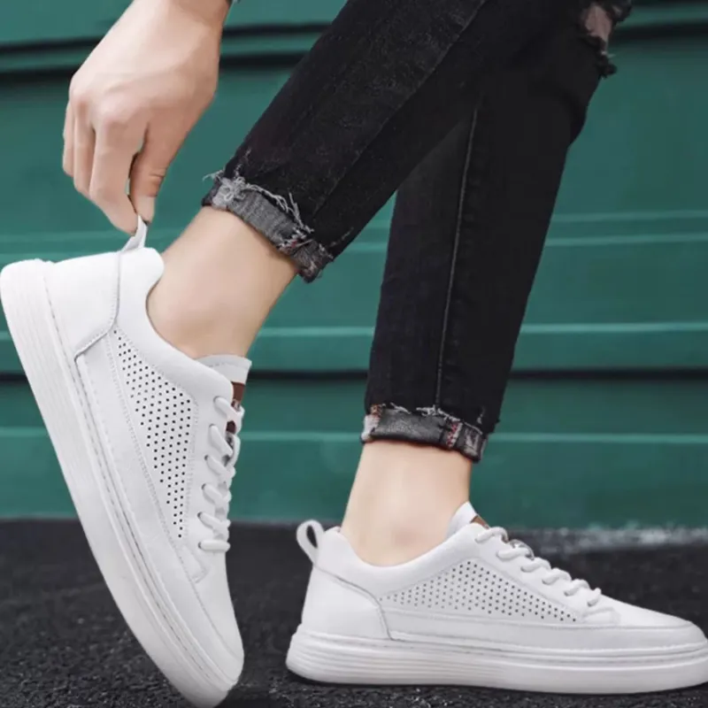 AOKANG Cut Out White Sneakers Breathable Low Top Skateboard Shoes Men's White-1