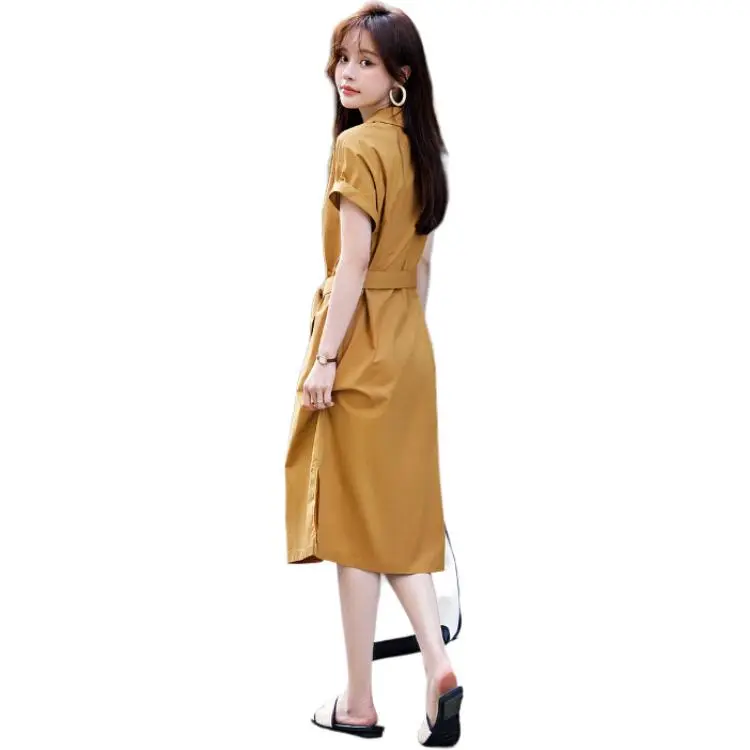 Mo Han Yi Mei Short Sleeved Dress Women's Earthy Brown Yellow-4
