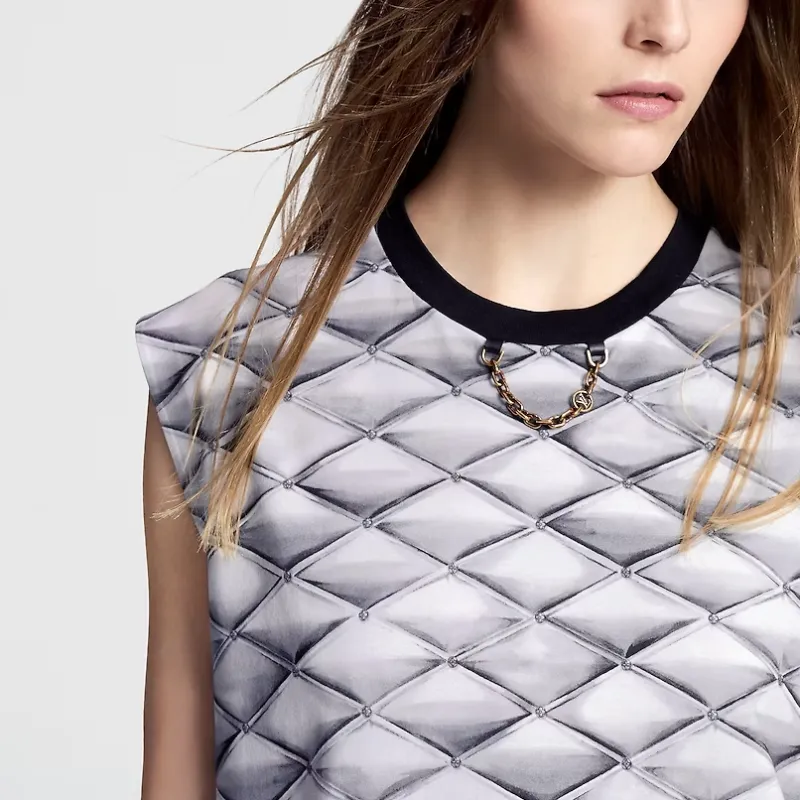 LOUIS VUITTON Color Blocking Crew Neck Pattern All Over Print Sleeveless T Shirt Women's Gray-4