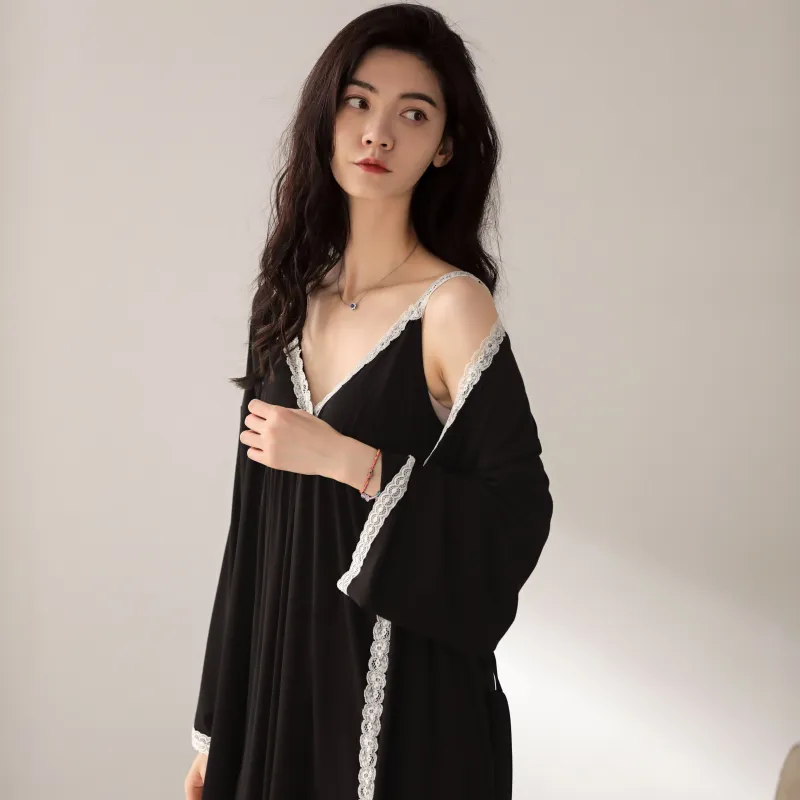XIAFENYAN Nightgown Set Women's Black-5