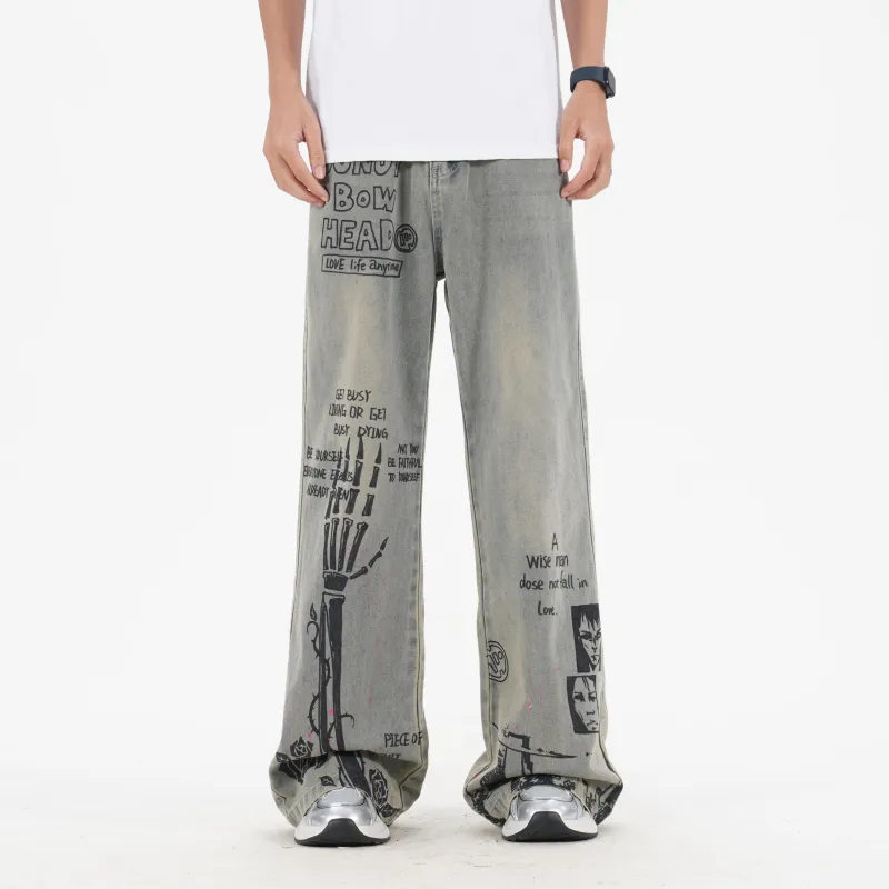 DNBH Hand drawn Doodle Series Jeans Unisex Yellow Mud-4