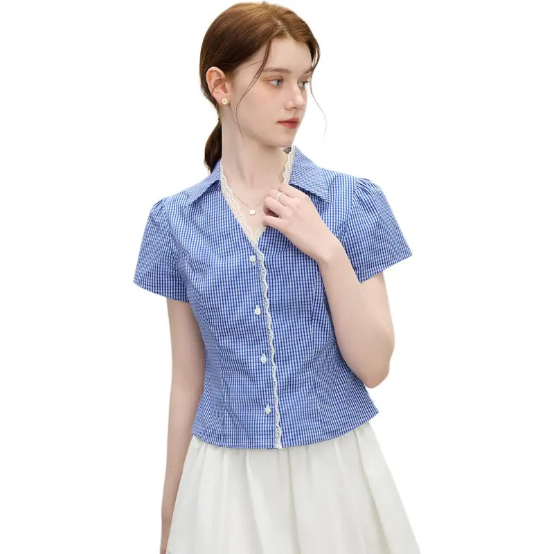 Flowers in water Shirts Women's Blue White Plaid-4