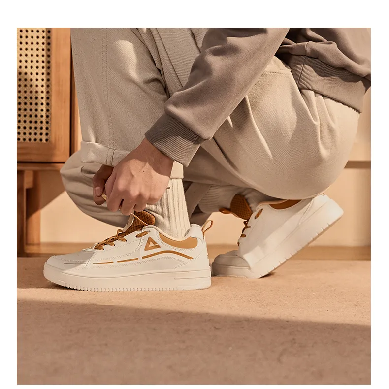PEAK Classic Heritage Cushioning, Wear Resistant Low Top Skateboard Shoes Men's Beige White Brown-4