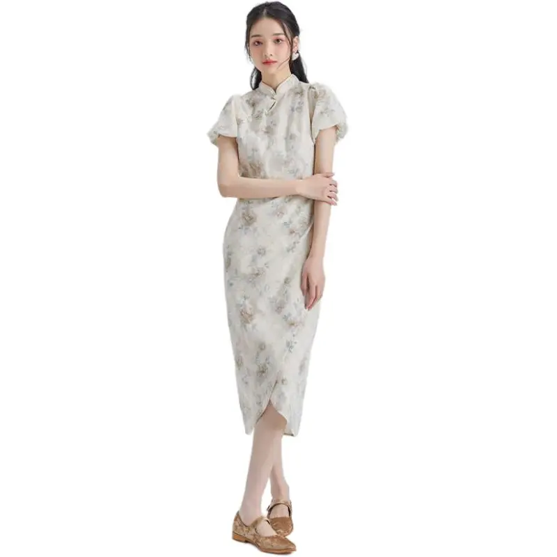 DEAR DEER PUFF Short Sleeved Dress Women's Long Cheongsam-1