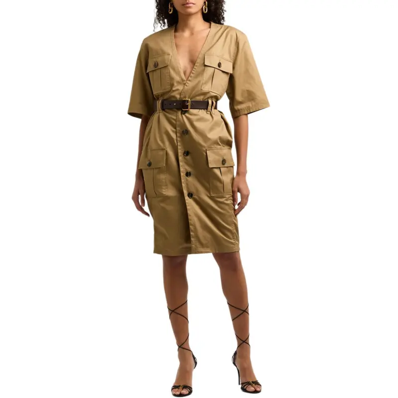 SAINT LAURENT Saharienne V Neck Short Sleeved Dress-2